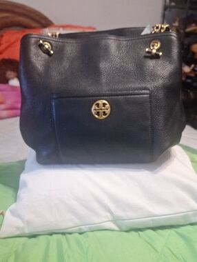 Tory Burch Black Pebbled Leather Tote with Gold Logo Hardware